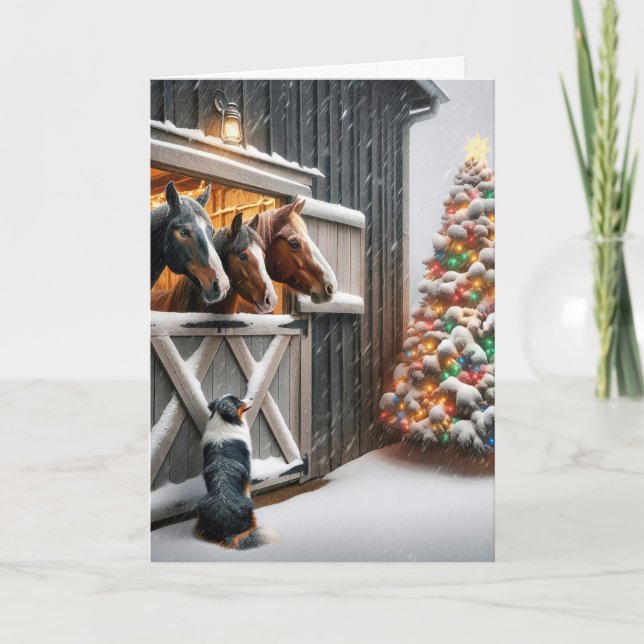 Horse Barn With Christmas Tree and Dog Holiday Card (Front)