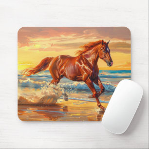 Horse Beach Ocean Sunset Painting Mouse Mat