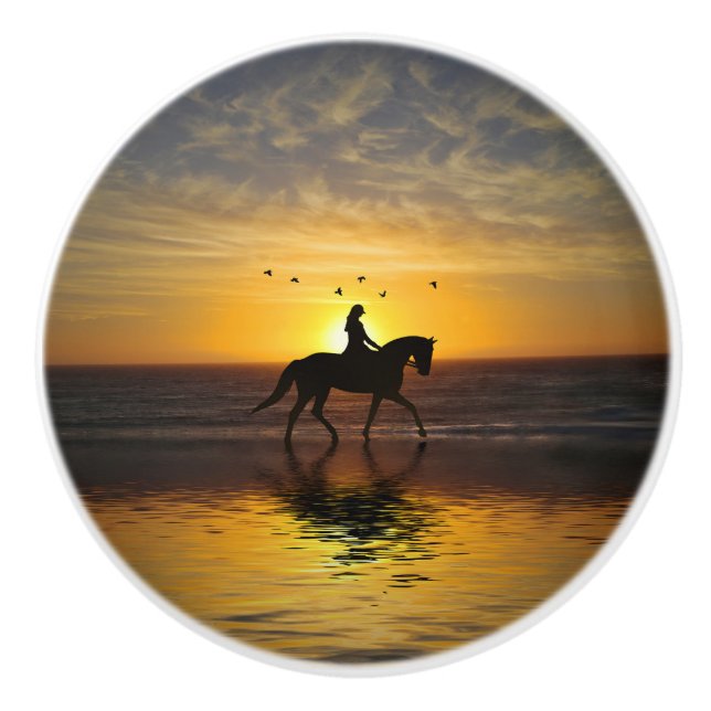 Horse Beach Sunset Rider Beautiful Ceramic Knob (Front)