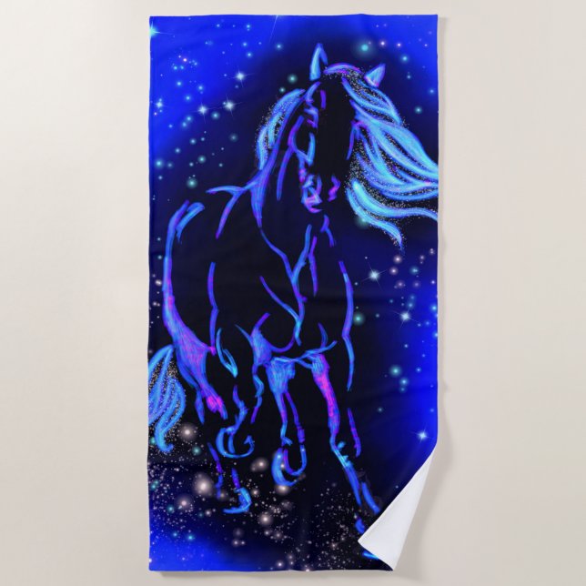 Horse Beach Towel Running In Blue Starry Night (Front)