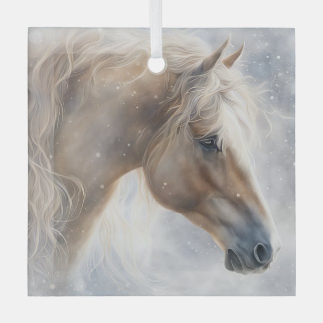 Horse Beautiful Palomino in the Snow Xmas Glass Tree Decoration (Front)