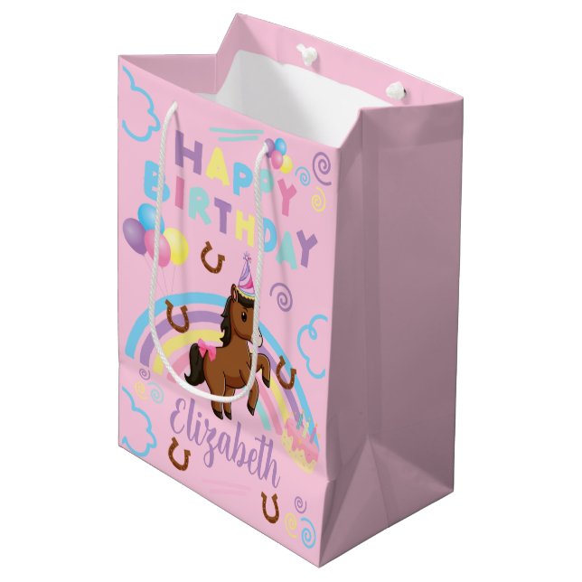 Horse Birthday Gift Bag in Pink (Front Angled)
