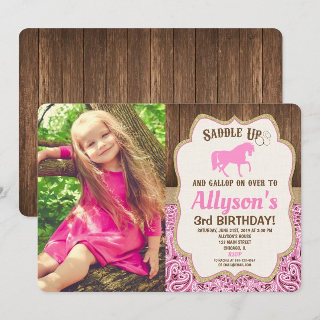 Horse birthday girl pink gold rustic photo invitation (Front/Back)