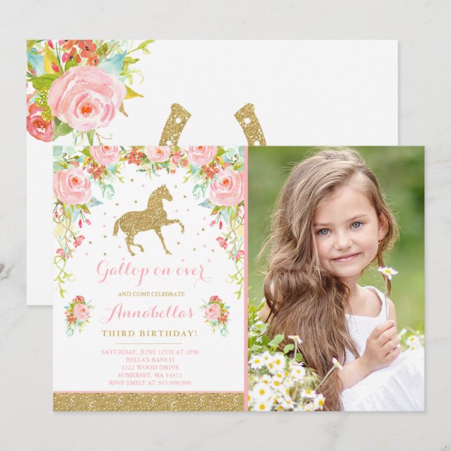 Horse Birthday Invitation Floral Pink Gold Horse (Front/Back)