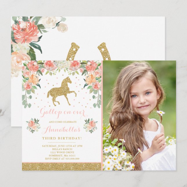 Horse Birthday Invitation Floral Pink Gold Horse (Front/Back)