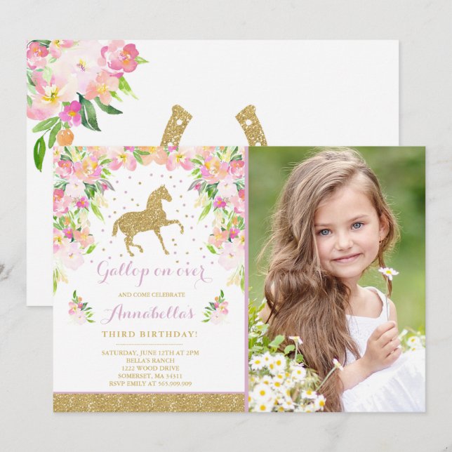 Horse Birthday Invitation Floral Pink Gold Horse (Front/Back)