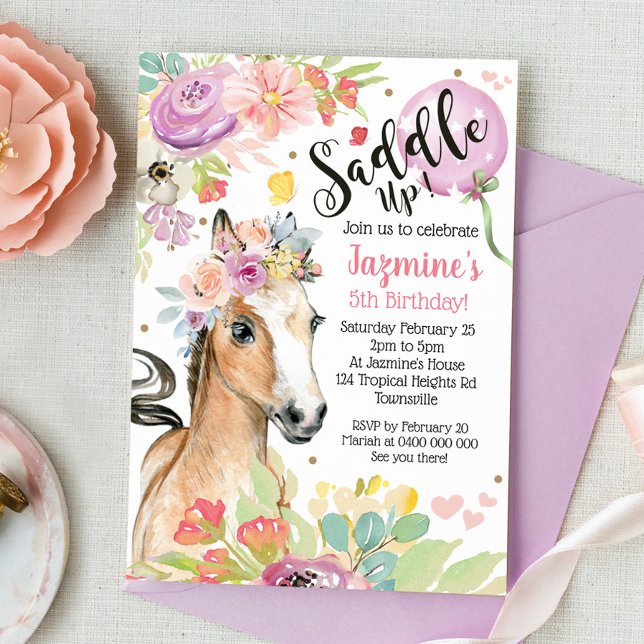 Horse Birthday Invitation Floral Pony Invite (Creator Uploaded)