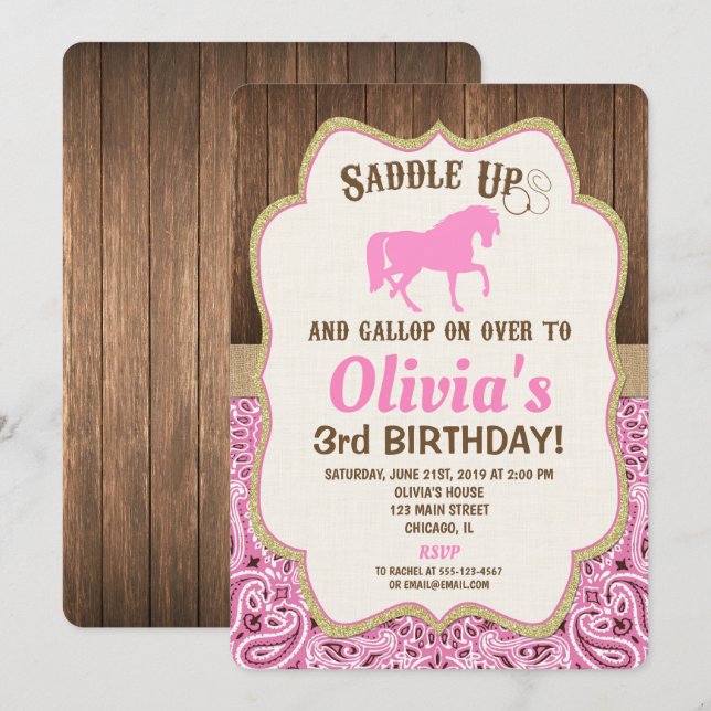 Horse birthday invitation girl pink gold rustic (Front/Back)