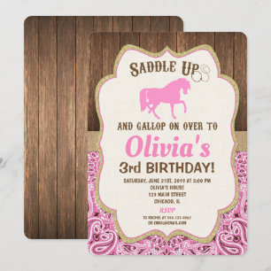 Horse birthday invitation girl pink gold rustic