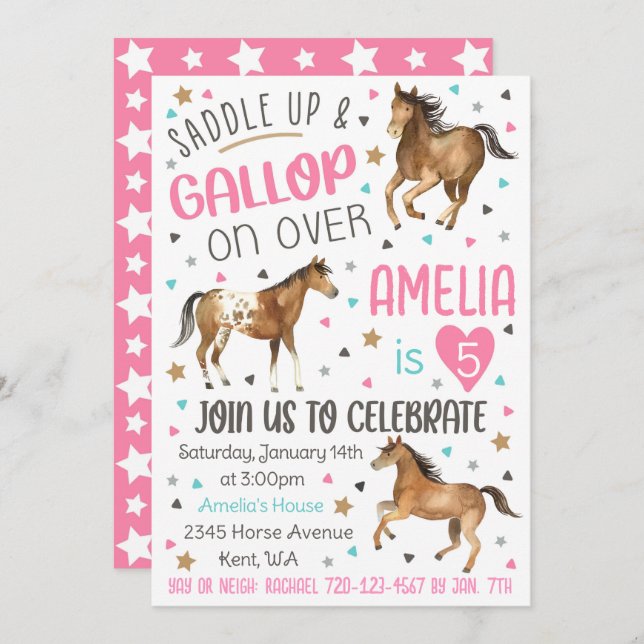 Horse Birthday Invitation, Saddle Up Invitation (Front/Back)