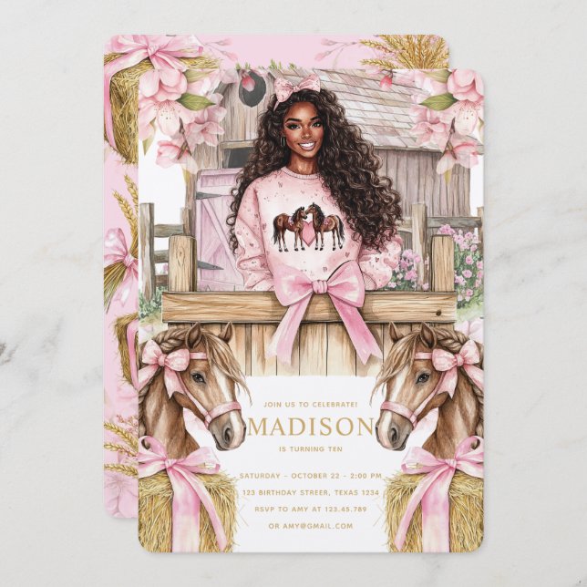 Horse Birthday Invitation with Black Girl (Front/Back)