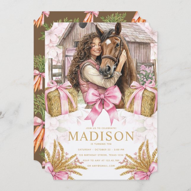 Horse Birthday Invitation with brunette Girl (Front/Back)