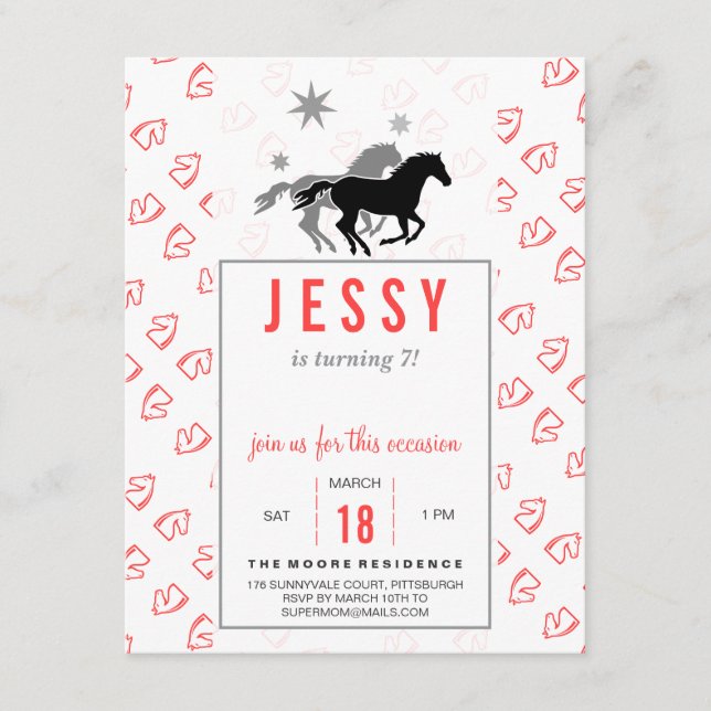 Horse Birthday Invitations Coral Red (Front)