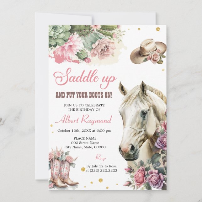 Horse Birthday Invite Girl Cowgirl Pink Floral (Front)
