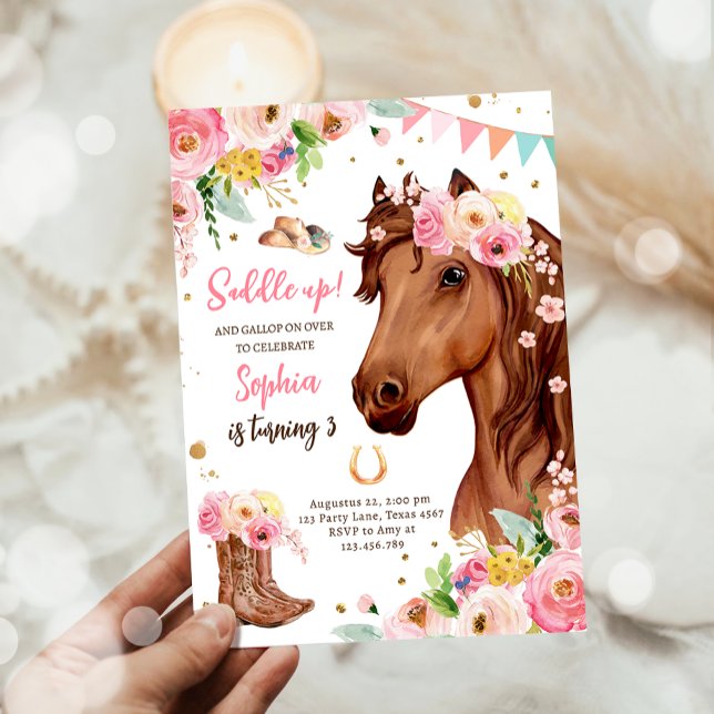 Horse Birthday Invite Girl Cowgirl Pink Floral (Creator Uploaded)