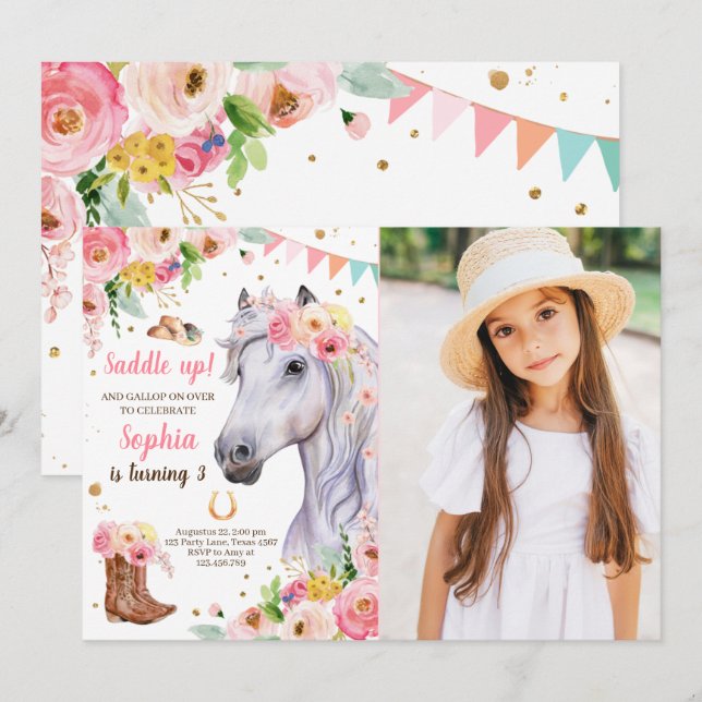 Horse Birthday Invite Girl Cowgirl Pink Floral (Front/Back)