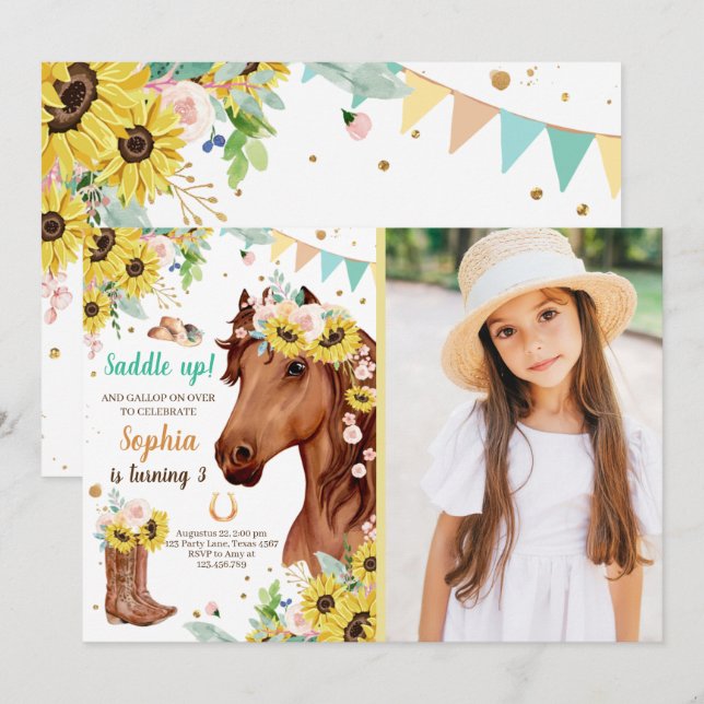 Horse Birthday Invite Girl Sunflowers Pony (Front/Back)