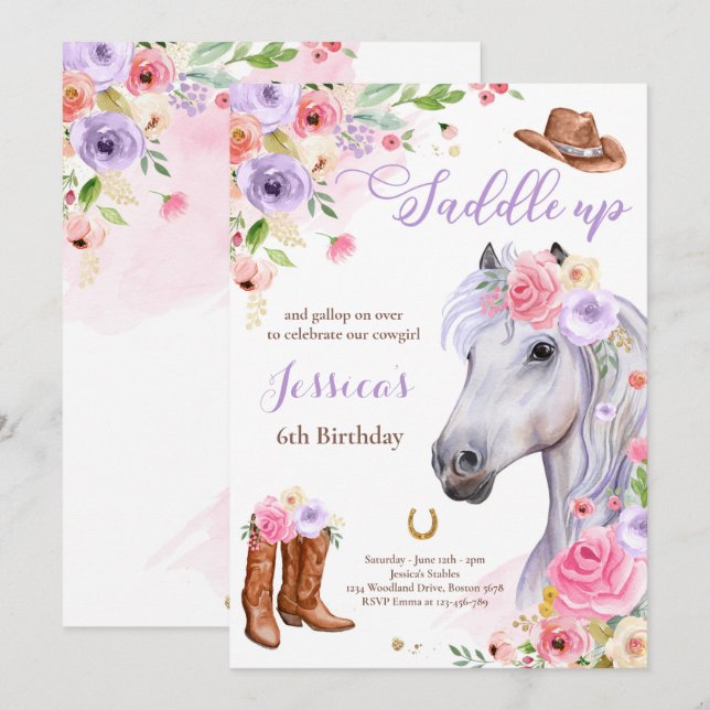 Horse Birthday Party Cowgirl Lilac Floral Birthday Invitation (Front/Back)