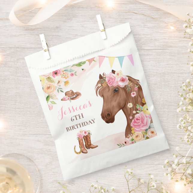 Horse Birthday Party Cowgirl Pink Floral Birthday Favour Bags (Clipped)