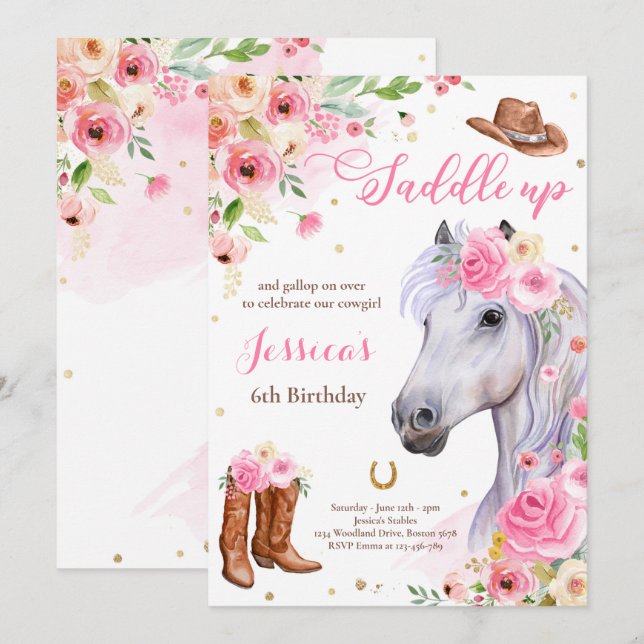 Horse Birthday Party Cowgirl Pink Floral Birthday Invitation (Front/Back)