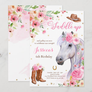 Horse Birthday Party Cowgirl Pink Floral Birthday Invitation