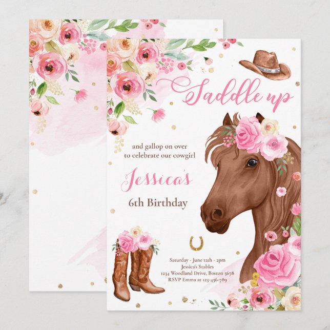 Horse Birthday Party Cowgirl Pink Floral Birthday Invitation (Front/Back)