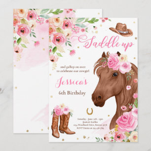 Horse Birthday Party Cowgirl Pink Floral Birthday Invitation