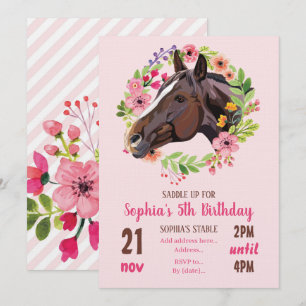 Horse Birthday Party Cowgirl Pink Floral Birthday Invitation