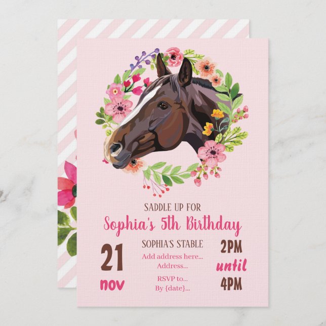 Horse Birthday Party Cowgirl Pink Floral Birthday Invitation (Front/Back)