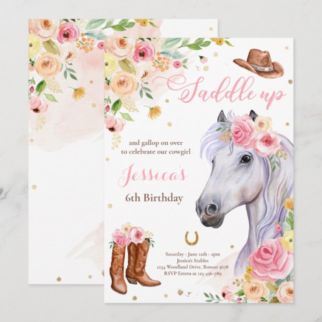 Horse Birthday Party Cowgirl Pink Floral Birthday  Invitation (Front/Back)