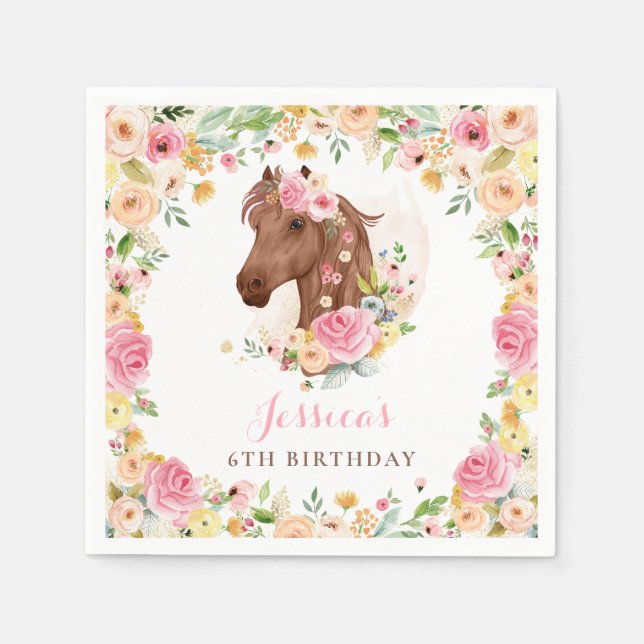 Horse Birthday Party Cowgirl Pink Floral Birthday Napkin (Front)