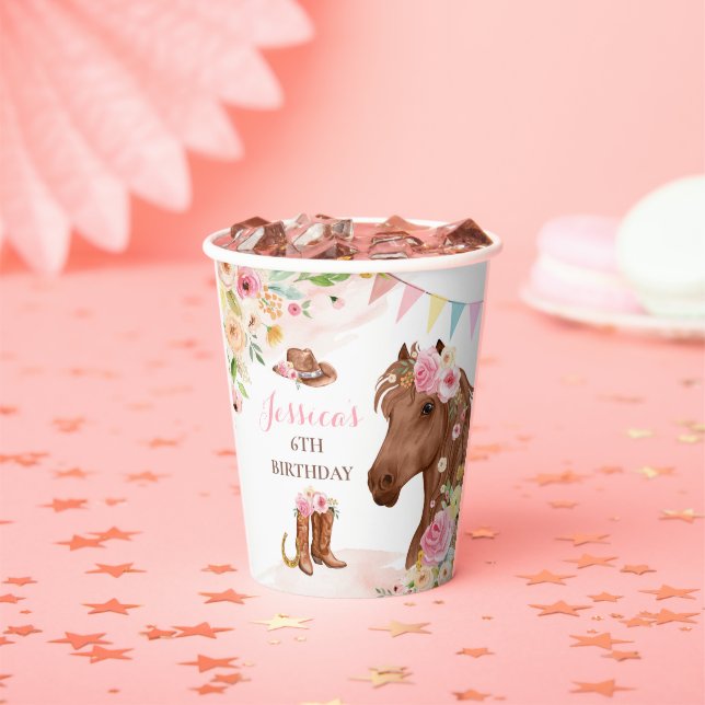 Horse Birthday Party Cowgirl Pink Floral Birthday Paper Cups (Insitu)