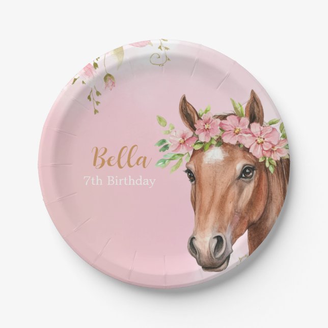 Horse Birthday Party Cowgirl Pink Floral Birthday Paper Plate (Front)