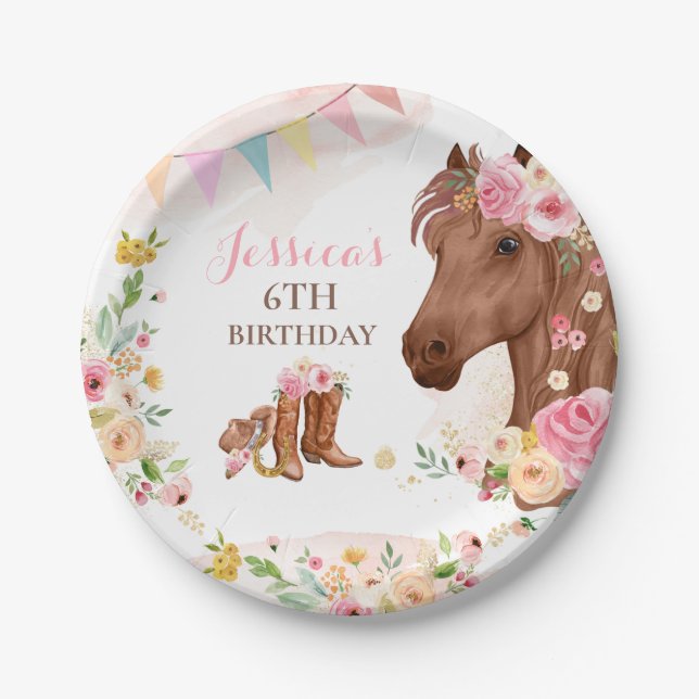 Horse Birthday Party Cowgirl Pink Floral Birthday Paper Plate (Front)
