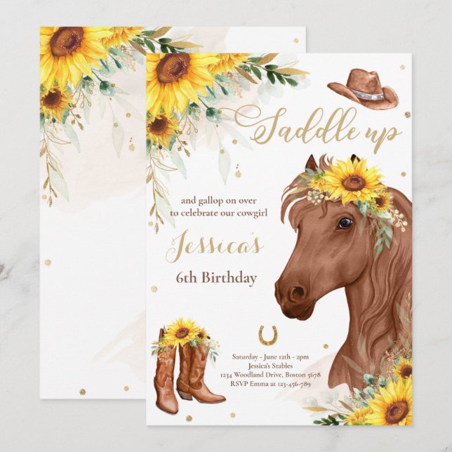 Horse Birthday Party Cowgirl Sunflower Birthday  I Invitation (Front/Back)