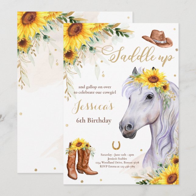 Horse Birthday Party Cowgirl Sunflower Birthday  Invitation (Front/Back)