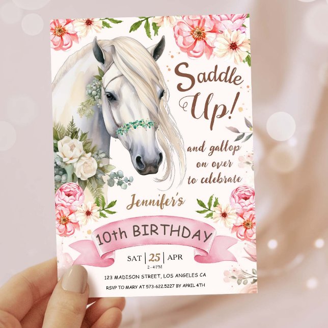Horse Birthday Party Girls Pink 10th Birthday Invitation (Creator Uploaded)