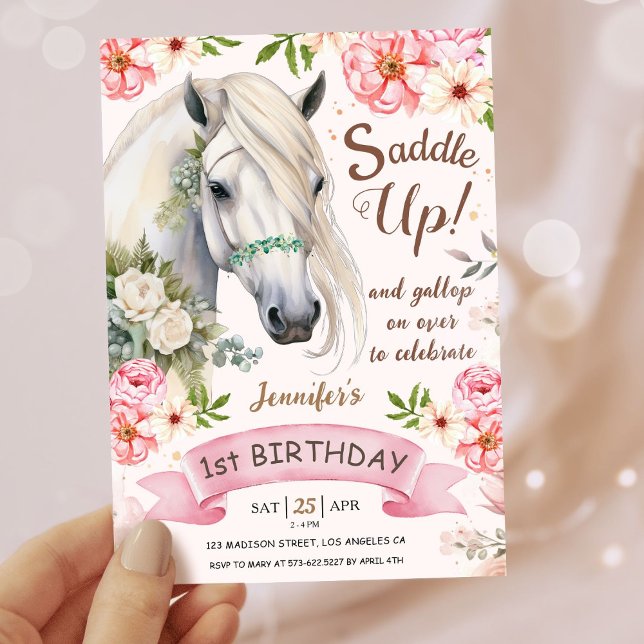 Horse Birthday Party Girls Pink 1st Birthday Invitation (Creator Uploaded)