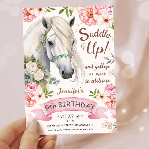 Horse Birthday Party Girls Pink 9th Birthday Invitation