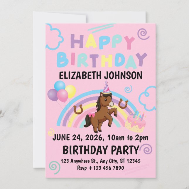 Horse Birthday Party Invitation Pink (Front)