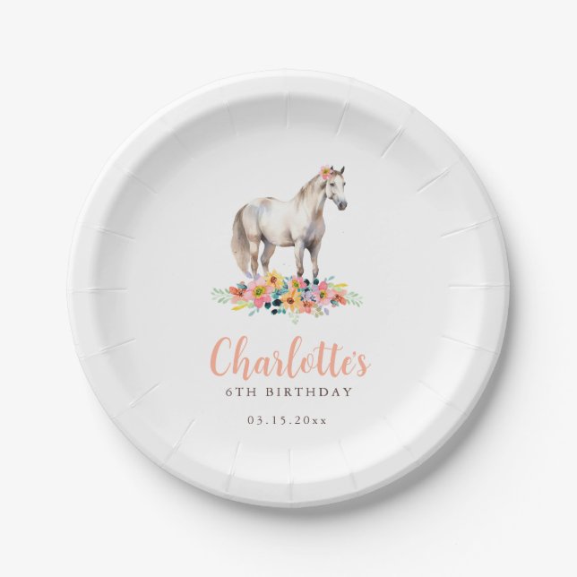 Horse Birthday Party Pink Floral Paper Plate (Front)