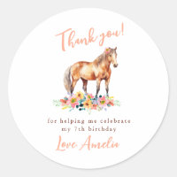 Horse Birthday Thank you Pony Floral Pink Sticker