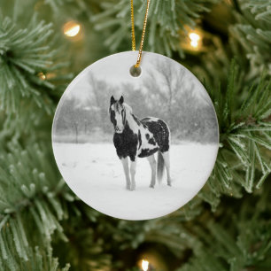 Horse Black and White Snow Photo Ceramic Tree Decoration