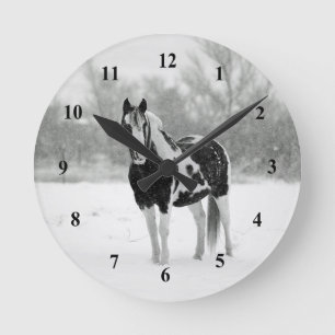 Horse Black and White Snow Photo Round Clock
