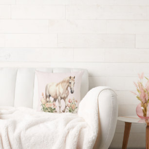 Horse Blush Pink Tulips Floral Spring Cushion