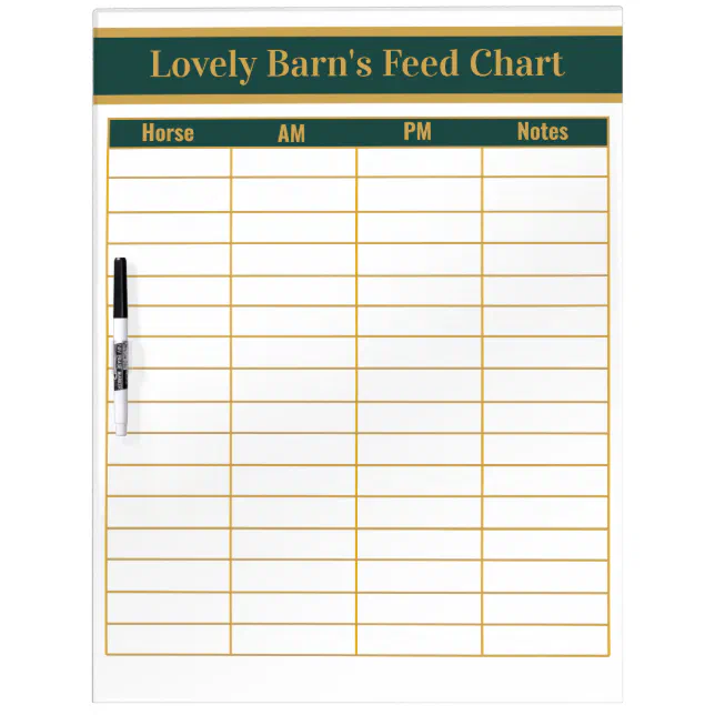 Horse Boarding Barn Feed Chart Green + Gold Dry Erase Board Zazzle
