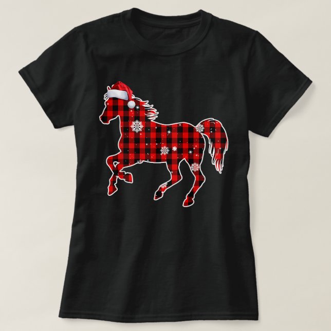 Horse Buffalo Plaid Santa Christmas Matching T-Shirt (Design Front)