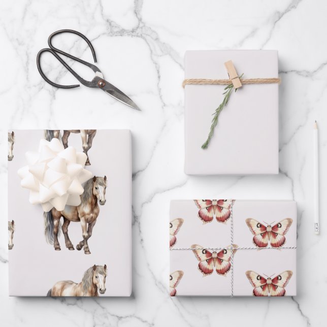 Horse Burgundy Cream Butterflies Birthday Wrapping Paper Sheet (Front)