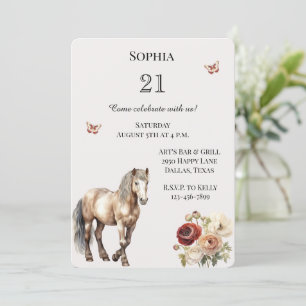 Horse Burgundy Cream Floral Birthday Invitation