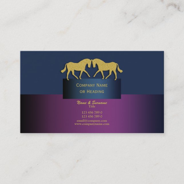 Horse business marketing blue purple gold business card (Front)